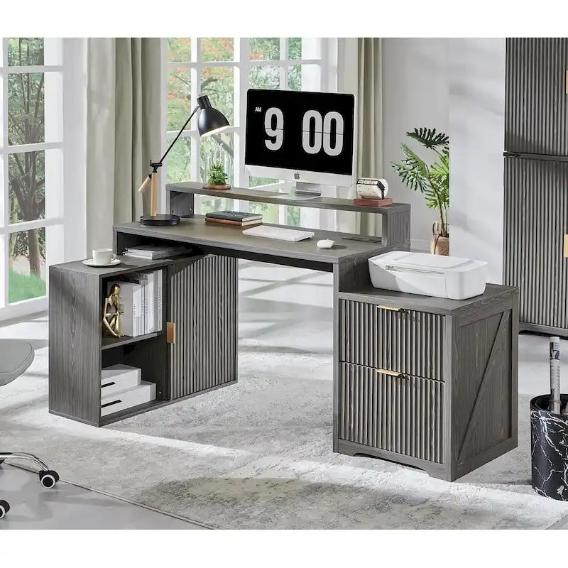 Bureau d'angle moderne en L de 67 pouces, bureau d'ordinateur de maison en bois avec station de charge