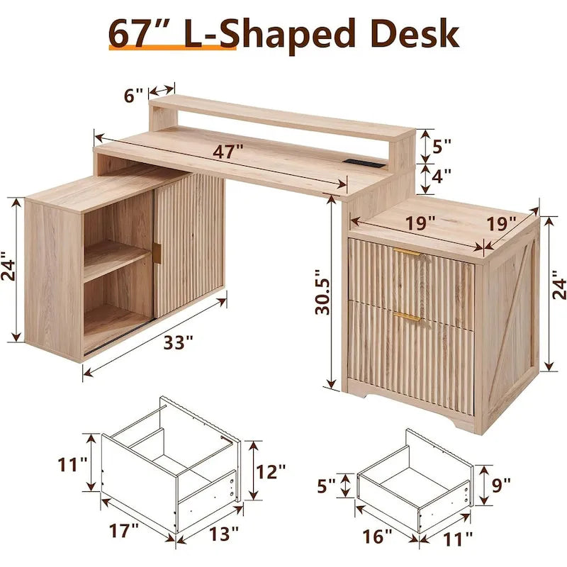 Bureau d'angle moderne en L de 67 pouces, bureau d'ordinateur de maison en bois avec station de charge