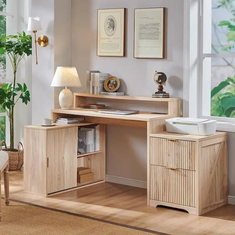 Bureau d'angle moderne en L de 67 pouces, bureau d'ordinateur de maison en bois avec station de charge