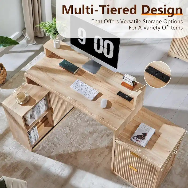 Bureau d'angle moderne en L de 67 pouces, bureau d'ordinateur de maison en bois avec station de charge