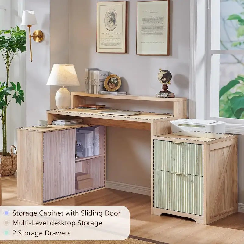 Bureau d'angle moderne en L de 67 pouces, bureau d'ordinateur de maison en bois avec station de charge