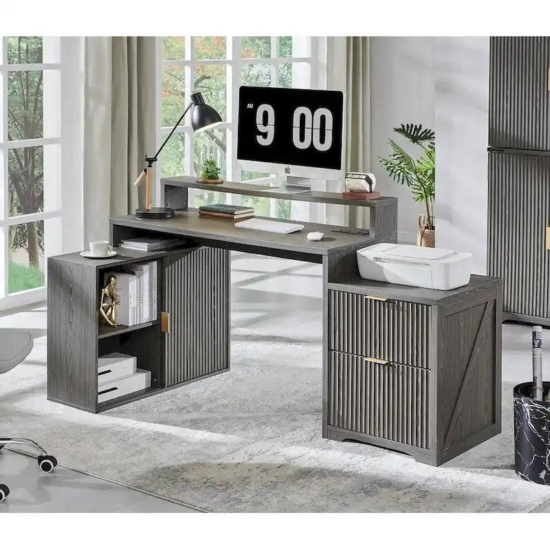Bureau d'angle moderne en L de 67 pouces, bureau d'ordinateur de maison en bois avec station de charge