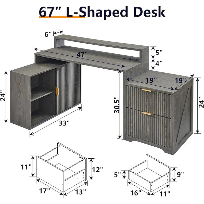 Bureau d'angle moderne en L de 67 pouces, bureau d'ordinateur de maison en bois avec station de charge