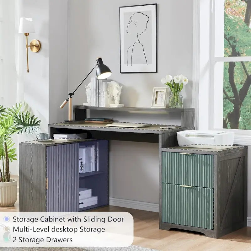 Bureau d'angle moderne en L de 67 pouces, bureau d'ordinateur de maison en bois avec station de charge
