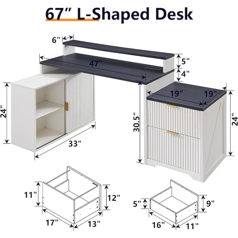 Bureau d'angle moderne en L de 67 pouces, bureau d'ordinateur de maison en bois avec station de charge