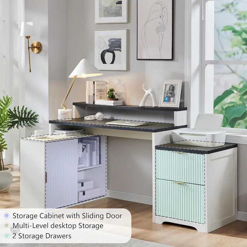 Bureau d'angle moderne en L de 67 pouces, bureau d'ordinateur de maison en bois avec station de charge