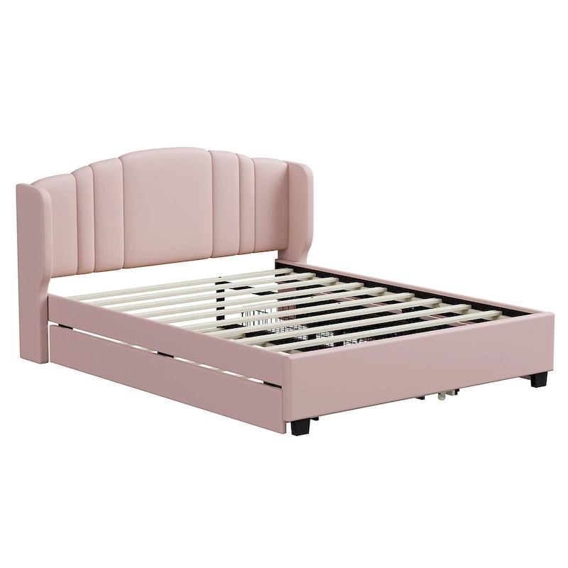 Lit plateforme Queen en lin avec lit gigogne et 2 tiroirs, sommier tapissier non requis