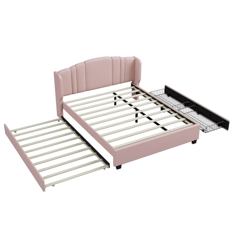Lit plateforme Queen en lin avec lit gigogne et 2 tiroirs, sommier tapissier non requis