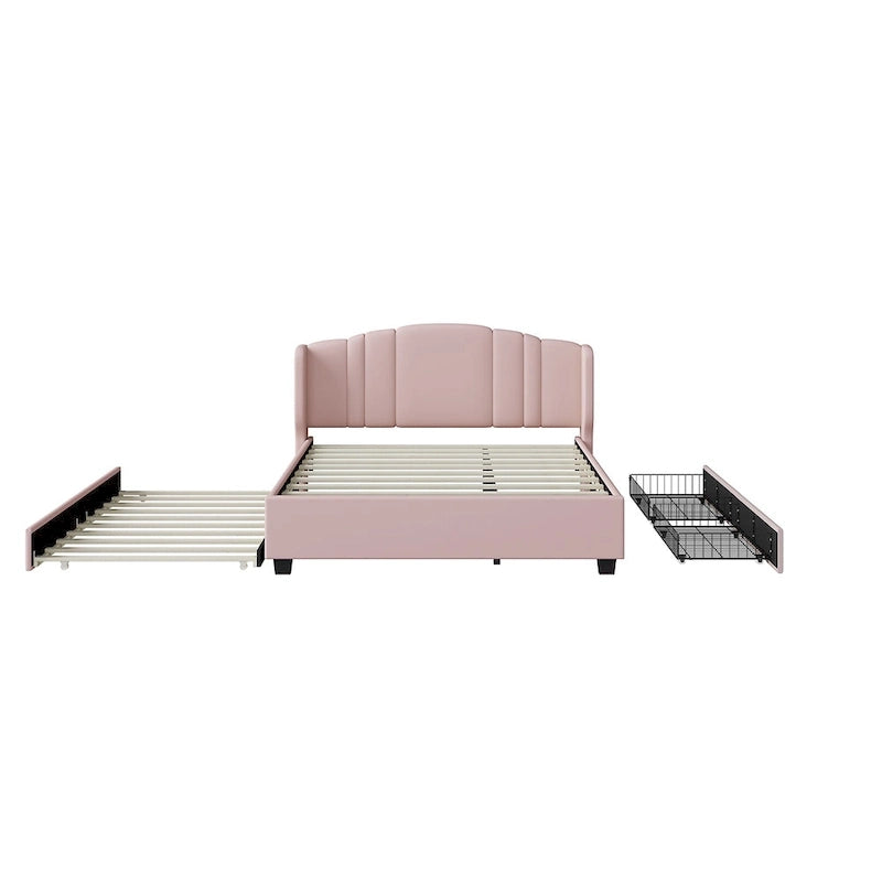 Lit plateforme Queen en lin avec lit gigogne et 2 tiroirs, sommier tapissier non requis