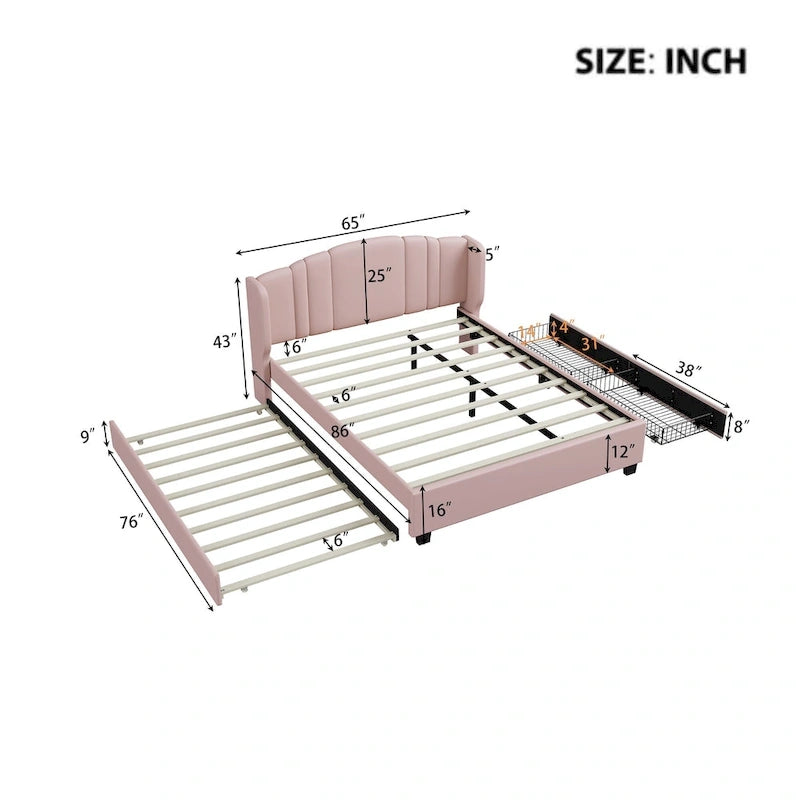 Lit plateforme Queen en lin avec lit gigogne et 2 tiroirs, sommier tapissier non requis