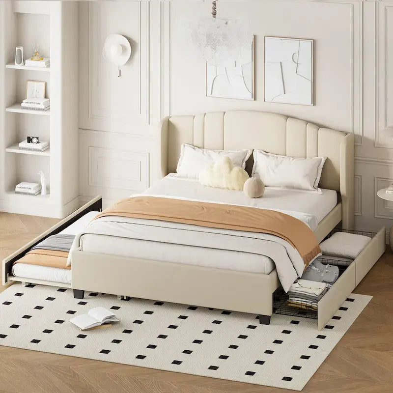 Lit plateforme Queen en lin avec lit gigogne et 2 tiroirs, sommier tapissier non requis