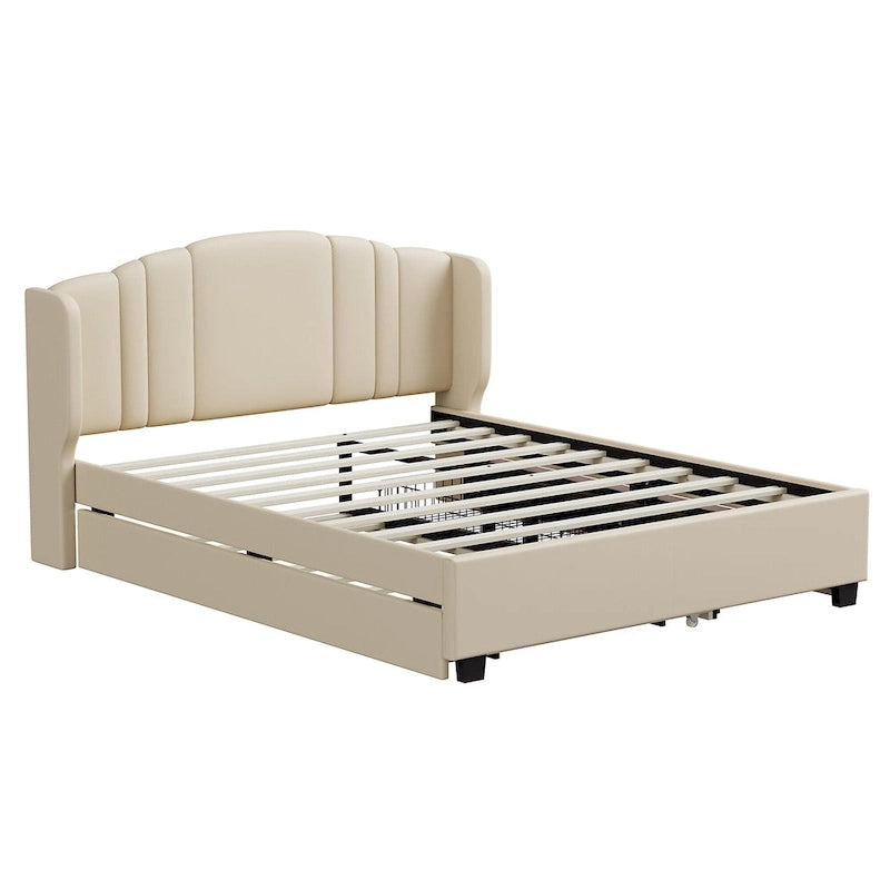 Lit plateforme Queen en lin avec lit gigogne et 2 tiroirs, sommier tapissier non requis