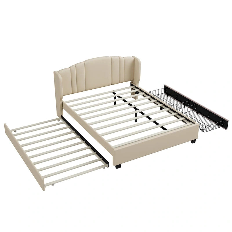 Lit plateforme Queen en lin avec lit gigogne et 2 tiroirs, sommier tapissier non requis