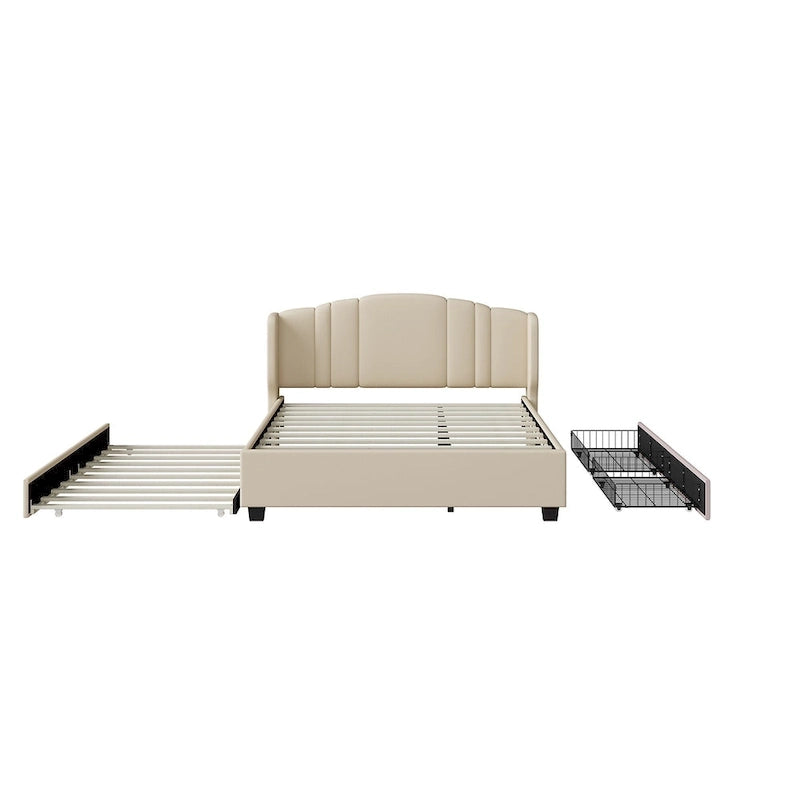 Lit plateforme Queen en lin avec lit gigogne et 2 tiroirs, sommier tapissier non requis
