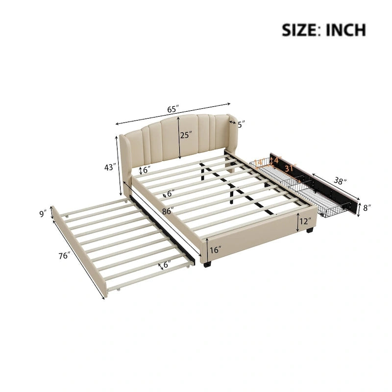 Lit plateforme Queen en lin avec lit gigogne et 2 tiroirs, sommier tapissier non requis