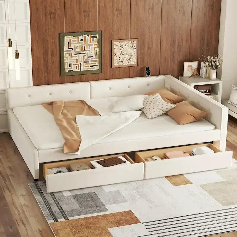 Lit plateforme rembourré avec banquette d'angle en L, 2 tiroirs et ports USB intégrés, canapé-lit bas avec balustrade capitonnée.