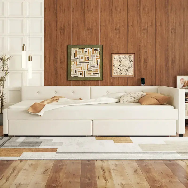 Lit plateforme rembourré avec banquette d'angle en L, 2 tiroirs et ports USB intégrés, canapé-lit bas avec balustrade capitonnée.