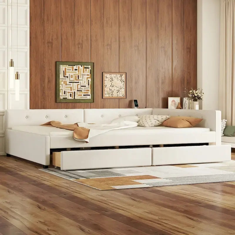 Lit plateforme rembourré avec banquette d'angle en L, 2 tiroirs et ports USB intégrés, canapé-lit bas avec balustrade capitonnée.