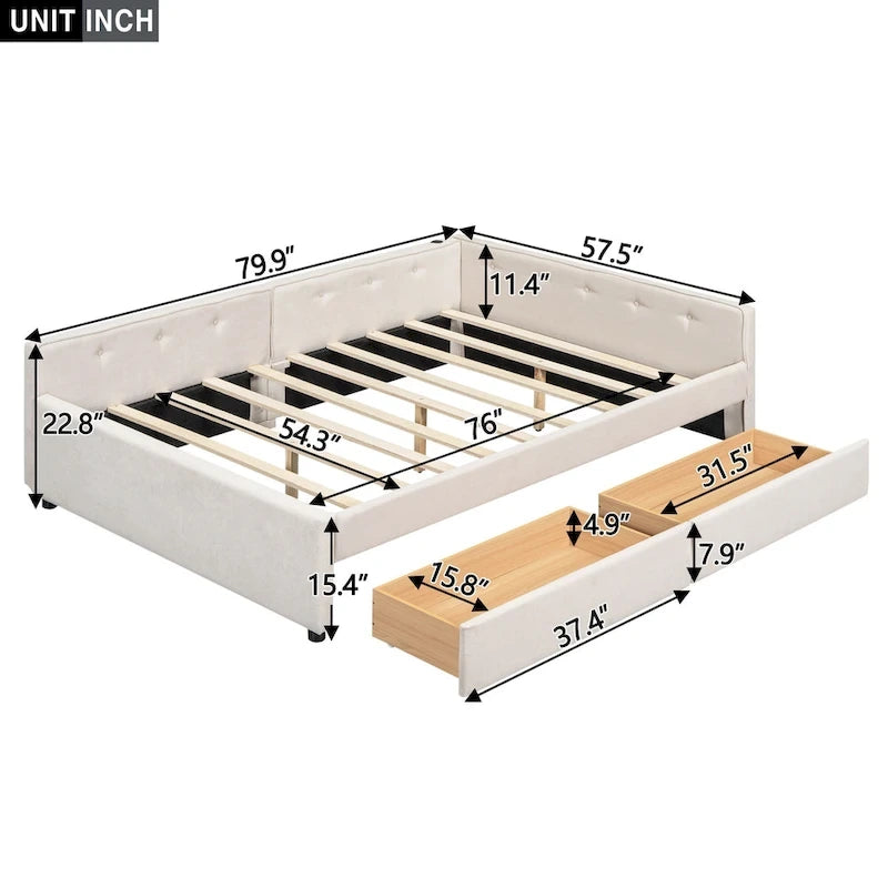 Lit plateforme rembourré avec banquette d'angle en L, 2 tiroirs et ports USB intégrés, canapé-lit bas avec balustrade capitonnée.