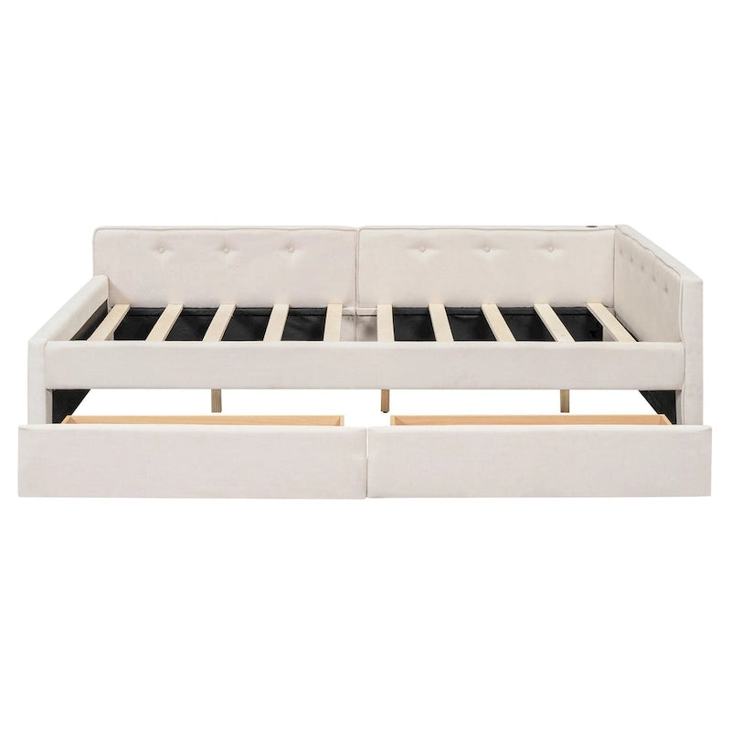 Lit plateforme rembourré avec banquette d'angle en L, 2 tiroirs et ports USB intégrés, canapé-lit bas avec balustrade capitonnée.