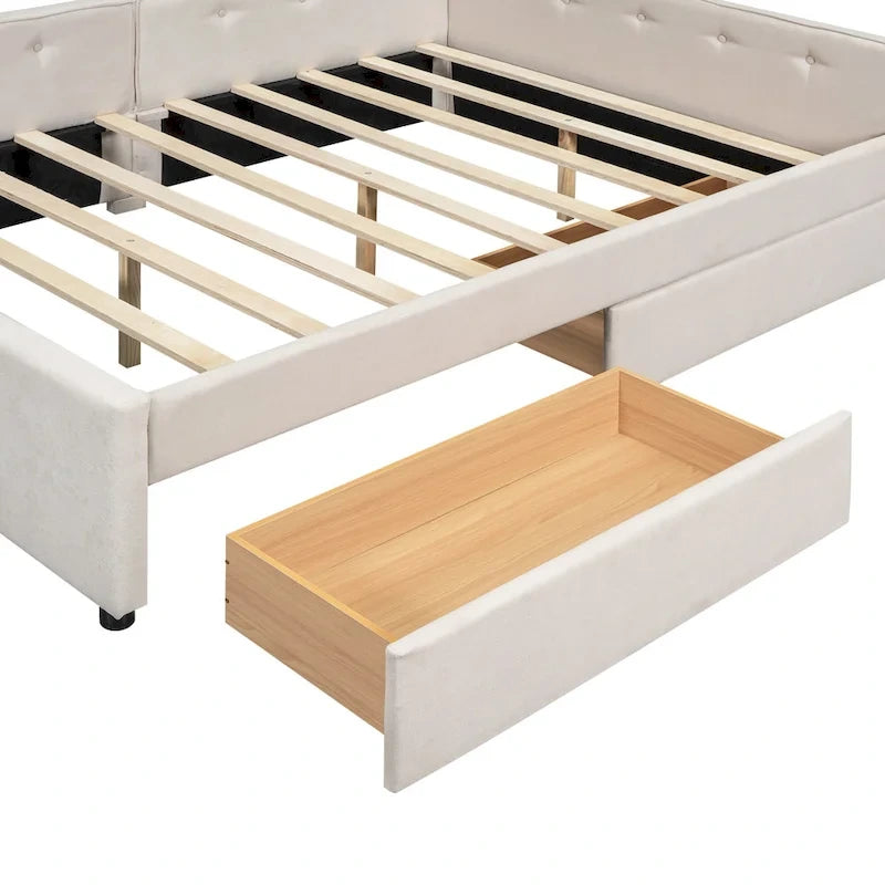 Lit plateforme rembourré avec banquette d'angle en L, 2 tiroirs et ports USB intégrés, canapé-lit bas avec balustrade capitonnée.