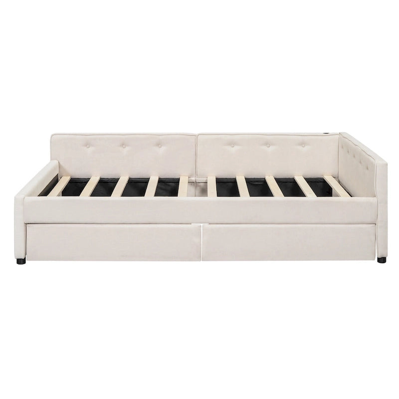 Lit plateforme rembourré avec banquette d'angle en L, 2 tiroirs et ports USB intégrés, canapé-lit bas avec balustrade capitonnée.