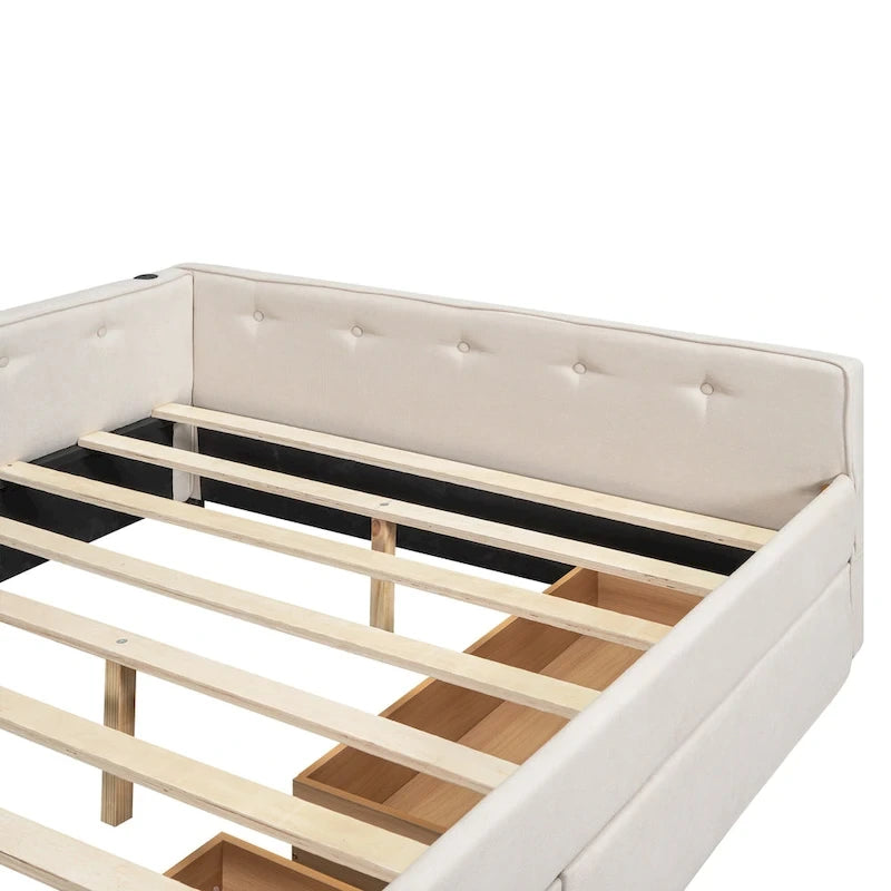 Lit plateforme rembourré avec banquette d'angle en L, 2 tiroirs et ports USB intégrés, canapé-lit bas avec balustrade capitonnée.