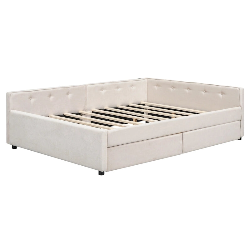 Lit plateforme rembourré avec banquette d'angle en L, 2 tiroirs et ports USB intégrés, canapé-lit bas avec balustrade capitonnée.
