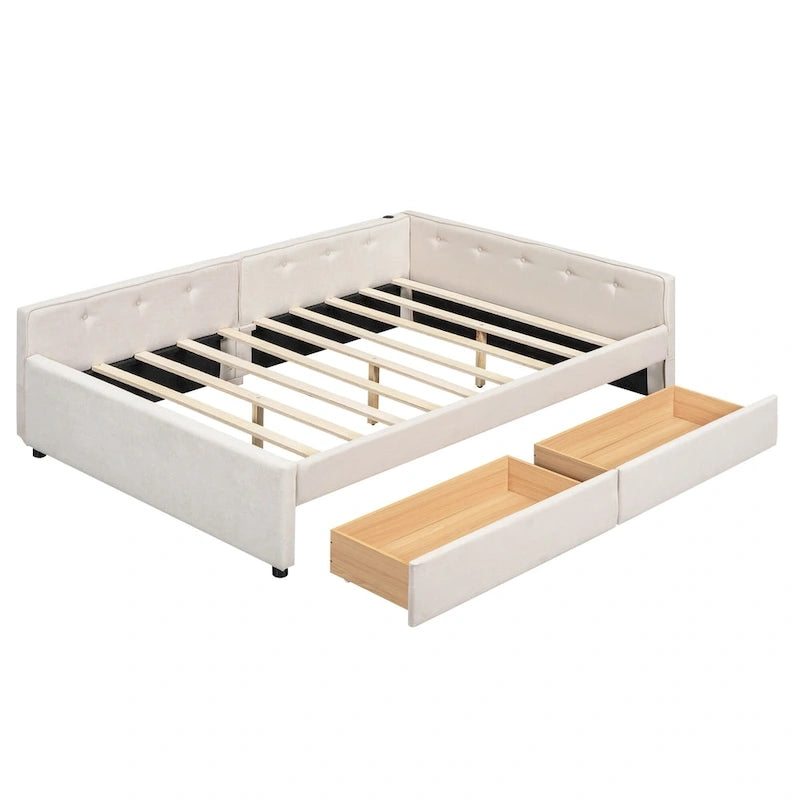 Lit plateforme rembourré avec banquette d'angle en L, 2 tiroirs et ports USB intégrés, canapé-lit bas avec balustrade capitonnée.