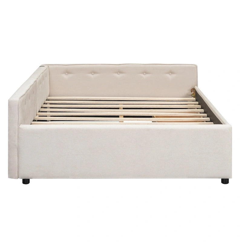 Lit plateforme rembourré avec banquette d'angle en L, 2 tiroirs et ports USB intégrés, canapé-lit bas avec balustrade capitonnée.