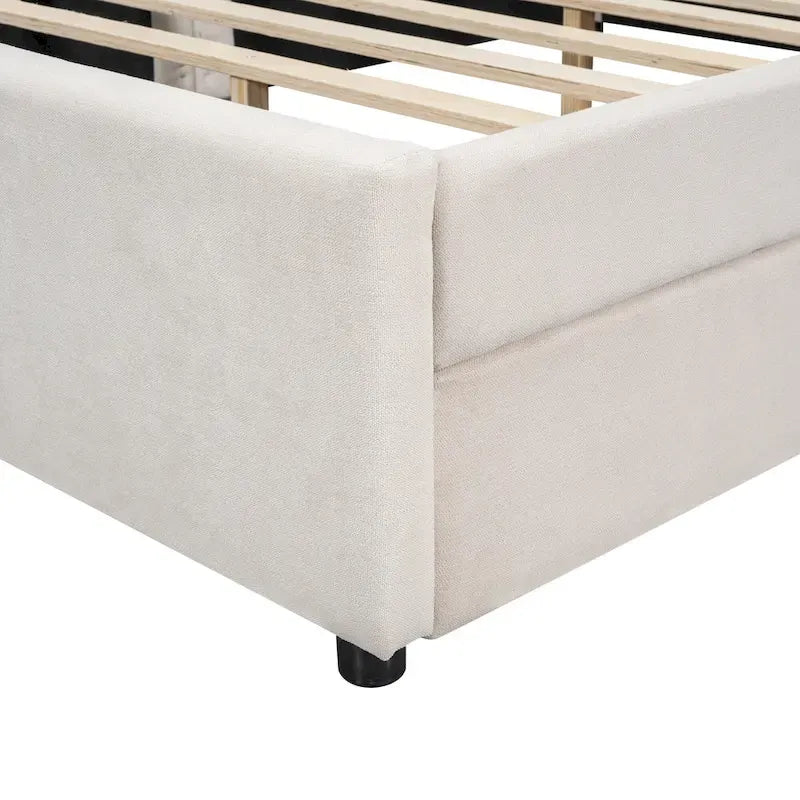 Lit plateforme rembourré avec banquette d'angle en L, 2 tiroirs et ports USB intégrés, canapé-lit bas avec balustrade capitonnée.