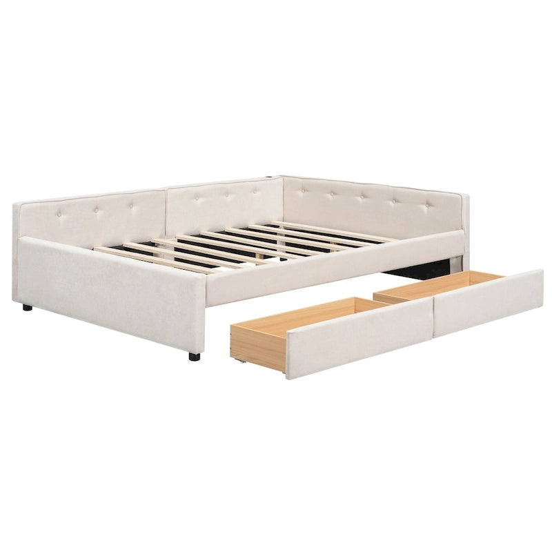 Lit plateforme rembourré avec banquette d'angle en L, 2 tiroirs et ports USB intégrés, canapé-lit bas avec balustrade capitonnée.