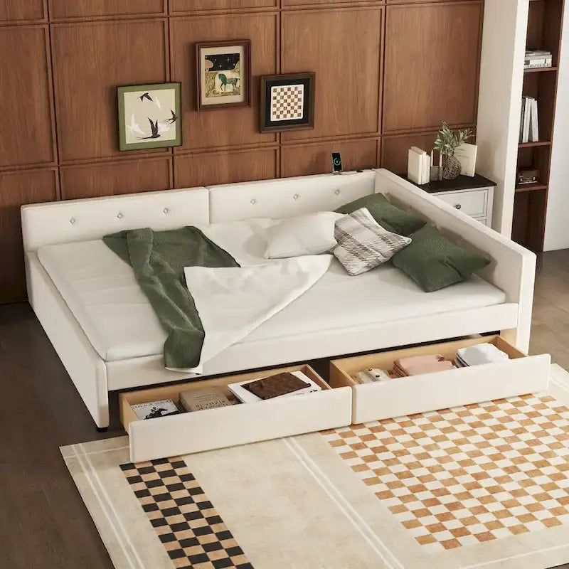 Lit plateforme rembourré avec banquette d'angle en L, 2 tiroirs et ports USB intégrés, canapé-lit bas avec balustrade capitonnée.