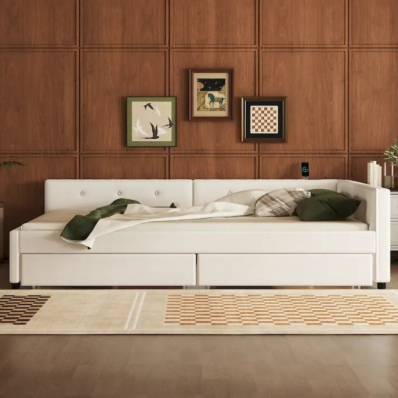 Lit plateforme rembourré avec banquette d'angle en L, 2 tiroirs et ports USB intégrés, canapé-lit bas avec balustrade capitonnée.