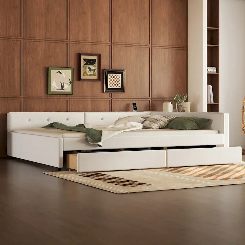 Lit plateforme rembourré avec banquette d'angle en L, 2 tiroirs et ports USB intégrés, canapé-lit bas avec balustrade capitonnée.