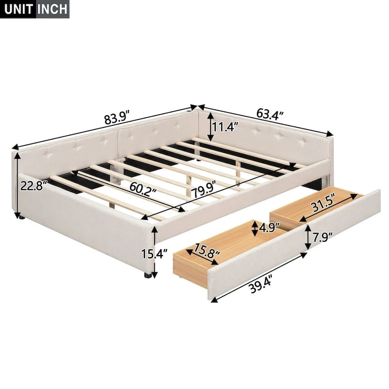 Lit plateforme rembourré avec banquette d'angle en L, 2 tiroirs et ports USB intégrés, canapé-lit bas avec balustrade capitonnée.