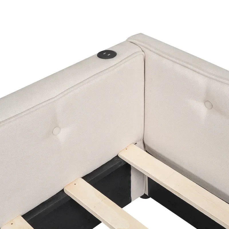 Lit plateforme rembourré avec banquette d'angle en L, 2 tiroirs et ports USB intégrés, canapé-lit bas avec balustrade capitonnée.