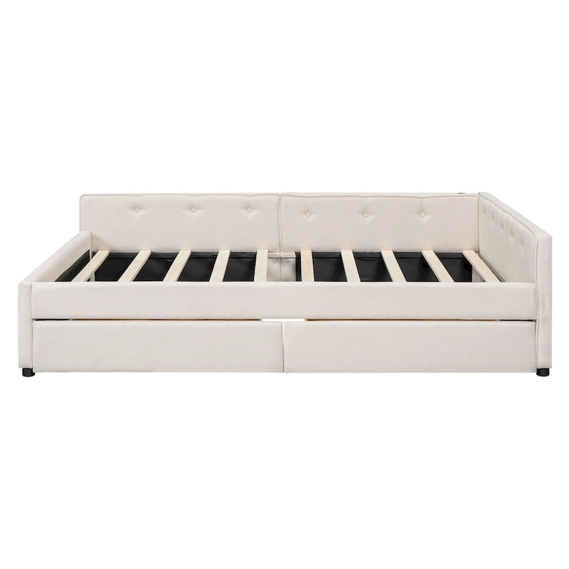 Lit plateforme rembourré avec banquette d'angle en L, 2 tiroirs et ports USB intégrés, canapé-lit bas avec balustrade capitonnée.