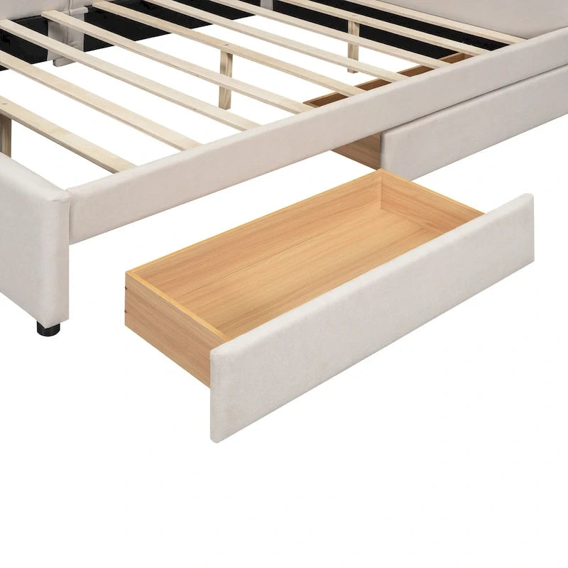 Lit plateforme rembourré avec banquette d'angle en L, 2 tiroirs et ports USB intégrés, canapé-lit bas avec balustrade capitonnée.
