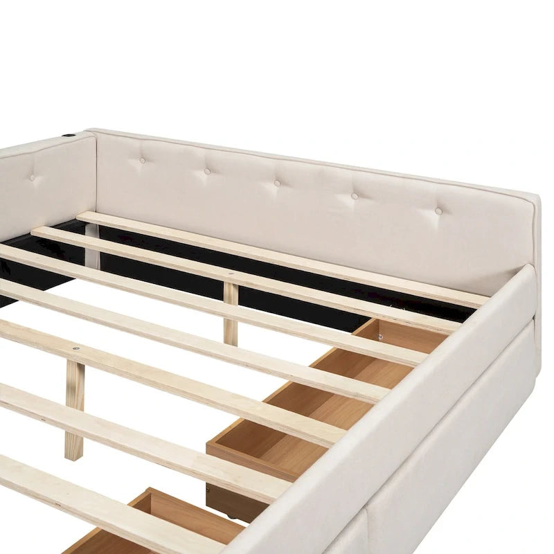 Lit plateforme rembourré avec banquette d'angle en L, 2 tiroirs et ports USB intégrés, canapé-lit bas avec balustrade capitonnée.