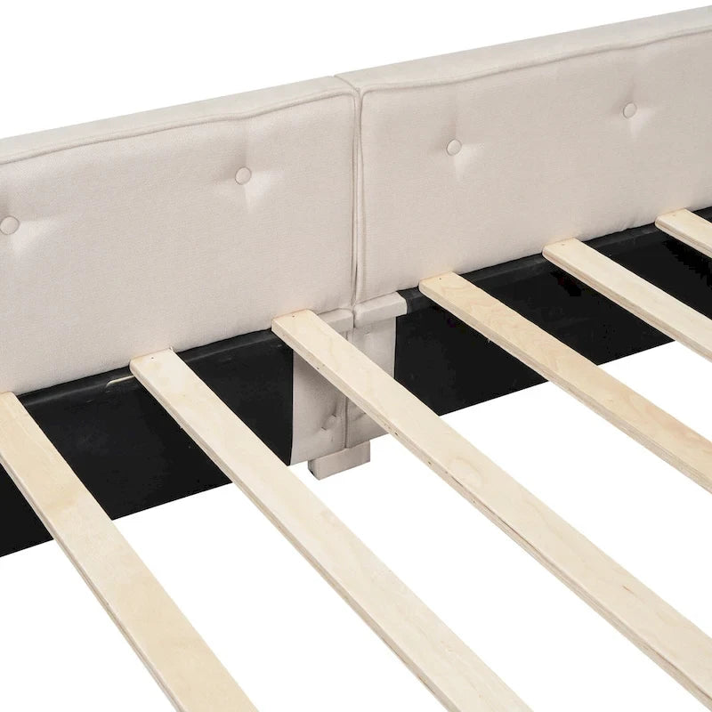 Lit plateforme rembourré avec banquette d'angle en L, 2 tiroirs et ports USB intégrés, canapé-lit bas avec balustrade capitonnée.