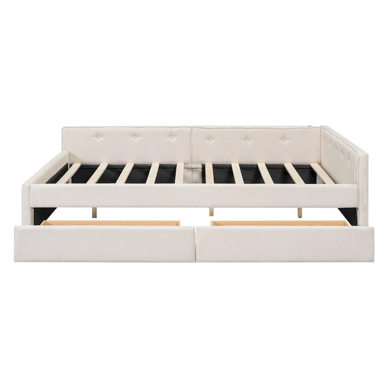 Lit plateforme rembourré avec banquette d'angle en L, 2 tiroirs et ports USB intégrés, canapé-lit bas avec balustrade capitonnée.