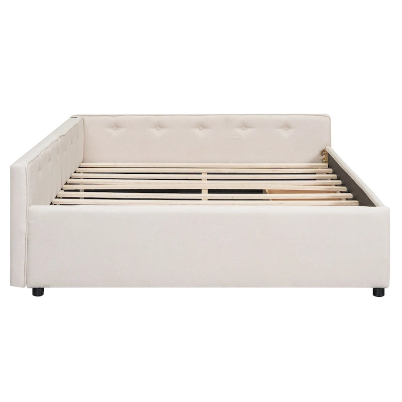 Lit plateforme rembourré avec banquette d'angle en L, 2 tiroirs et ports USB intégrés, canapé-lit bas avec balustrade capitonnée.