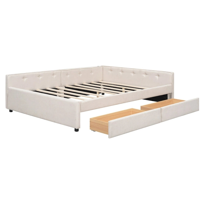 Lit plateforme rembourré avec banquette d'angle en L, 2 tiroirs et ports USB intégrés, canapé-lit bas avec balustrade capitonnée.