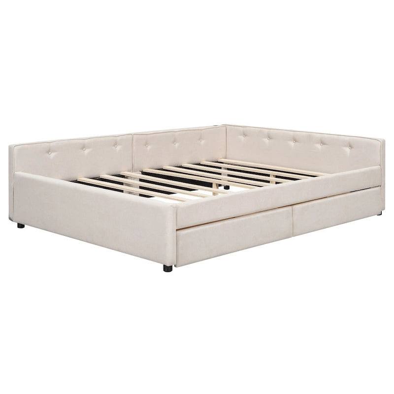 Lit plateforme rembourré avec banquette d'angle en L, 2 tiroirs et ports USB intégrés, canapé-lit bas avec balustrade capitonnée.
