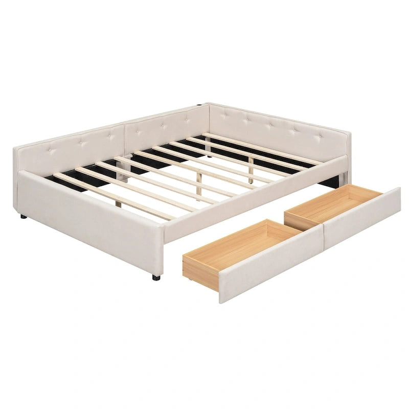 Lit plateforme rembourré avec banquette d'angle en L, 2 tiroirs et ports USB intégrés, canapé-lit bas avec balustrade capitonnée.