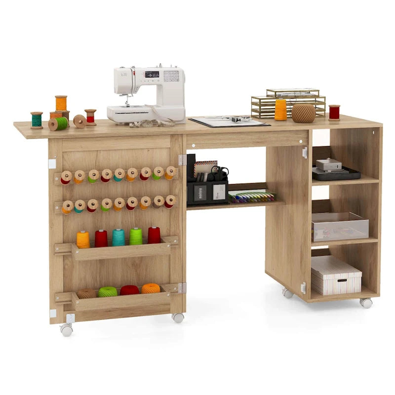 Table de machine à coudre en rotin Costway avec porte en rotin et 18 crochets de rangement - Voir les détails