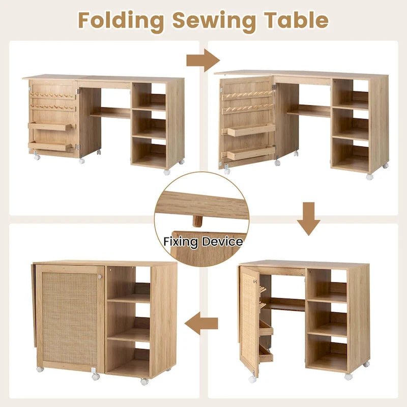 Table de machine à coudre en rotin Costway avec porte en rotin et 18 crochets de rangement - Voir les détails