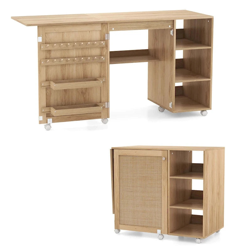 Table de machine à coudre en rotin Costway avec porte en rotin et 18 crochets de rangement - Voir les détails