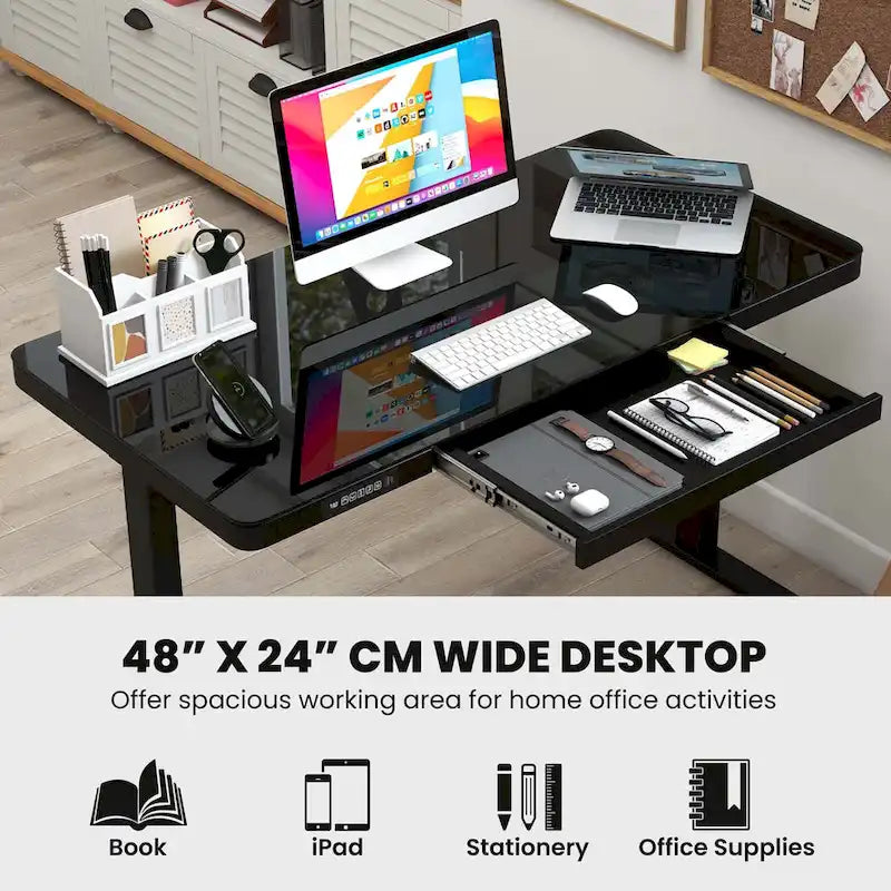 Bureau debout Costway 48 x 24 en verre monobloc avec tiroirs inscriptible